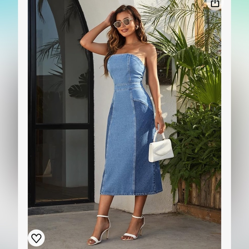 Women's Strapless Tube Top Sleeveless Split Back
Fitted Denim Midi Dress